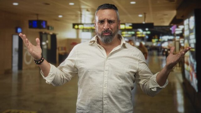 Man with beard raises both hands in airport terminal, open palms and pleading expression amid noisy concourse; frustration delay.
