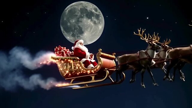 Santa Claus flying across night sky on sleigh with reindeer, glowing moon behind him, magical spark trails, fantasy 