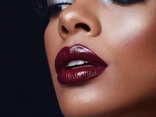 Fototapeta premium A dramatic close-up beauty portrait of a woman wearing glossy dark red lipstick, showcasing perfect lip artistry and sophisticated style