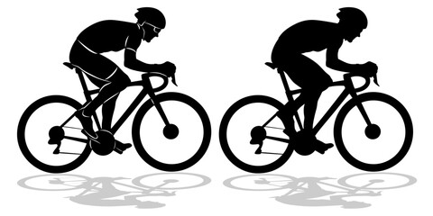 isolated silhouette of a rider on bike, black and white vector drawing, white background