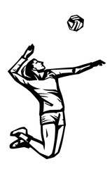isolated illustration of a woman volleyball player, black and white vector drawing, white background