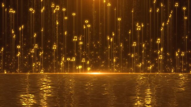 Beautiful water surface with golden musical note particles background