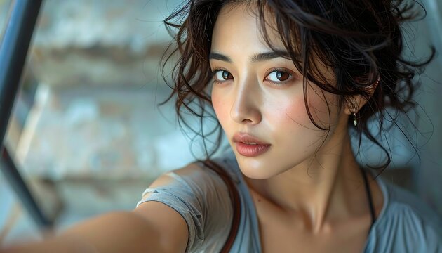 A woman poses for a selfie, looking toward the viewer with grace