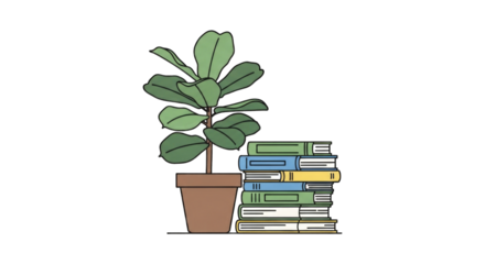 Fiddle leaf fig plant beside a stack of colorful books for reading.