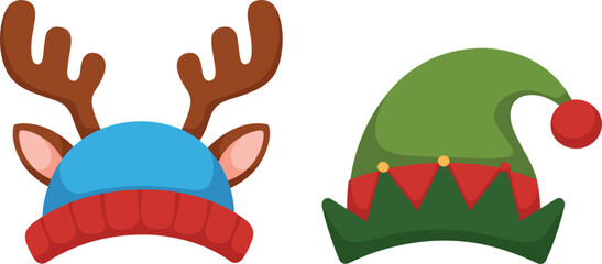 Christmas hats vector illustration set, cute reindeer antlers beanie and green elf cap, holiday costume, festive fashion, and winter party accessories graphic