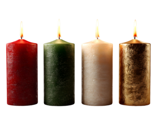 Set of Four Advent Candles in Red, Green, White, and Gold on Transparent Background , Vibrant Festive Holiday Candles with Glossy Smooth Textures