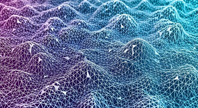 Abstract digital landscape with glowing interconnected network grid structure