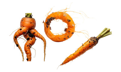 Unusual fresh garden carrots with dirt and roots, healthy eating