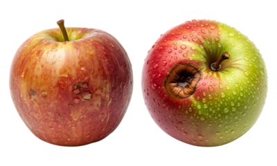 Two apples: one fresh with blemishes, another with a rot spot