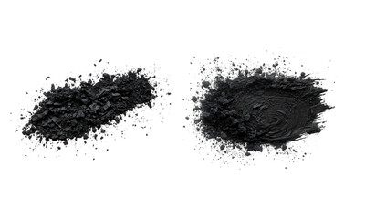 Black granular fragments and swirling textured powder elements