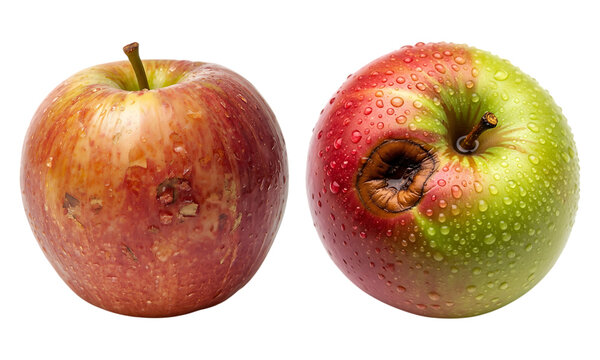 Two apples: one fresh with blemishes, another with a rot spot