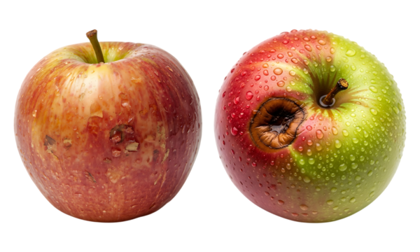 Two apples: one fresh with blemishes, another with a rot spot