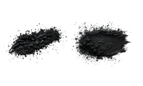 Black granular fragments and swirling textured powder elements