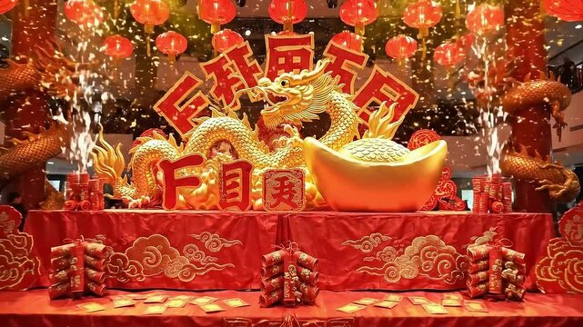 A festive indoor display with golden dragons red lanterns and large logograms The scene is decorated in red and gold with sparks falling from above
