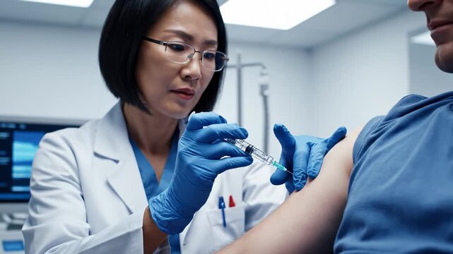 Female Doctor Giving Vaccine Shot to Patient in Clinic