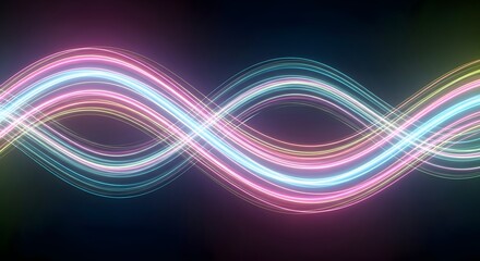 Dynamic neon light waves create a mesmerizing abstract pattern, flowing across a dark background with vibrant glowing energy and modern digital aesthetic
