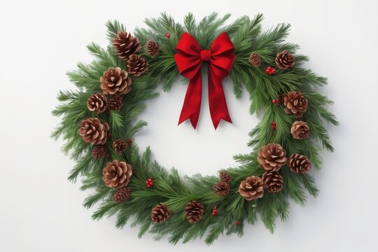 Festive circular wreath crafted from evergreen boughs, pinecones, and a vibrant red bow - Powered by Adobe