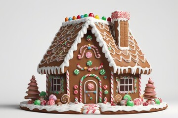 Festive gingerbread house, adorned with colorful candies and frosting, on a white background