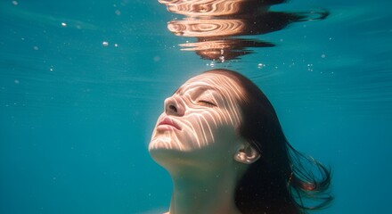 Woman peacefully floats underwater with sunlight dappling on her face in turquoise water.