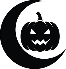 Spooky jack o lantern silhouette against a crescent moon
