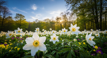 Lush spring woodland floor carpeted with delicate white anemone flowers blooming