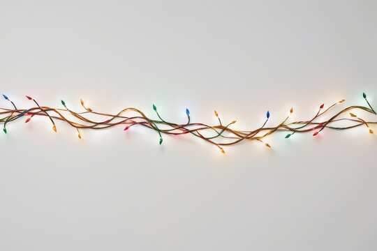 Festive string lights in various colors, artfully arranged on a plain white backdrop - Powered by Adobe