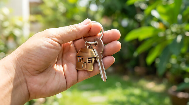 Hand holding house key outdoors real estate concept