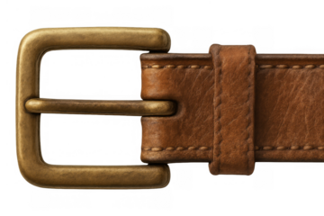 Brown leather belt with vintage brass buckle, clothing accessory, fashion item on transparent background