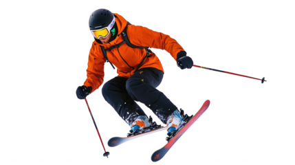 A skier in orange jacket skiing down a slope with ski poles used on transparent background