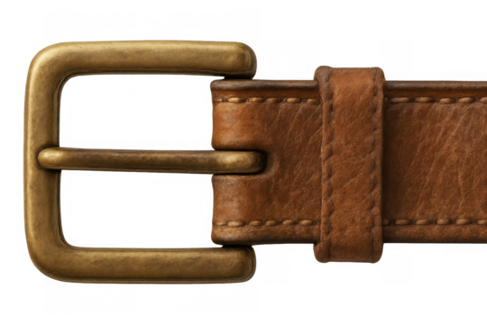 Brown leather belt with vintage brass buckle, clothing accessory, fashion item on transparent background