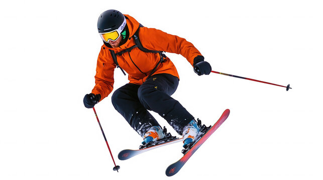 A skier in orange jacket skiing down a slope with ski poles used on transparent background