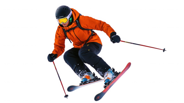 A skier in orange jacket skiing down a slope with ski poles used on transparent background - Powered by Adobe