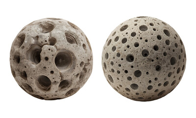 Porous stone spheres with cratered texture resembling moon surface