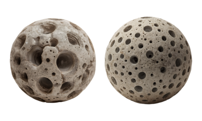 Porous stone spheres with cratered texture resembling moon surface