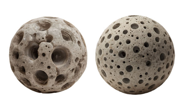 Porous stone spheres with cratered texture resembling moon surface