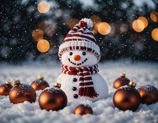 Obraz premium Cute snowman with Christmas ornaments in festive winter scene