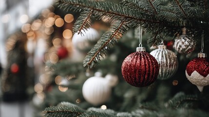 Close-up of Christmas tree decorations with red and white ornaments on evergreen branch, blurred lights in background creating warm festive vibe for holiday decor and seasonal themes.