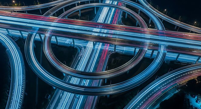 Aerial view of an illuminated highway interchange with light trails at night