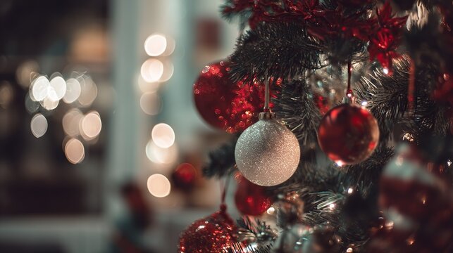 Close-up of Christmas tree decorations with red and white ornaments on evergreen branch, blurred lights in background creating warm festive vibe for holiday decor and seasonal themes.