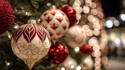 Close-up of Christmas tree decorations with red and white ornaments on evergreen branch, blurred lights in background creating warm festive vibe for holiday decor and seasonal themes.