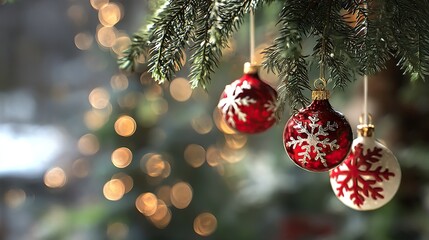 Close-up of Christmas tree decorations with red and white ornaments on evergreen branch, blurred lights in background creating warm festive vibe for holiday decor and seasonal themes.