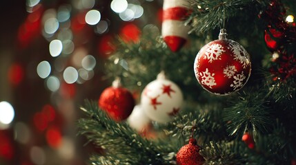Close-up of Christmas tree decorations with red and white ornaments on evergreen branch, blurred lights in background creating warm festive vibe for holiday decor and seasonal themes.