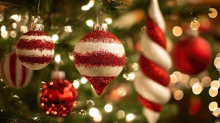 Close-up of Christmas tree decorations with red and white ornaments on evergreen branch, blurred lights in background creating warm festive vibe for holiday decor and seasonal themes.