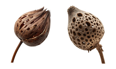 Dry lotus seed pods with distinct intricate textures and patterns
