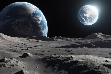Lunar surface view with two planets in the distant space