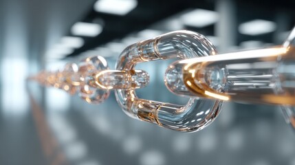 abstract transparent chain symbolizing blockchain connection and digital trust concept in futuristic office environment representing secure business networks and technology collaboration