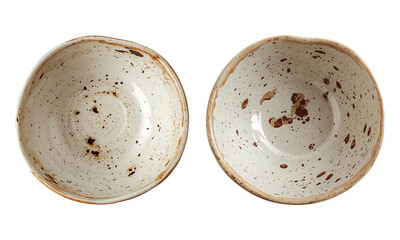 Handmade rustic beige ceramic bowls with brown speckles isolated