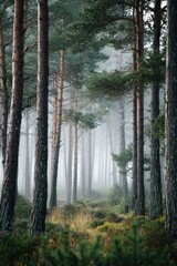 Naklejka premium Misty Forest Scene with Tall Trees and Dense Undergrowth.