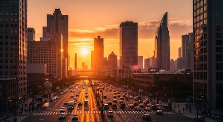 Obraz premium Urban Sunset - Cityscape with Traffic and Golden Light.