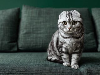 A beautiful Scottish Fold cat sits gracefully on a green couch indoors.
